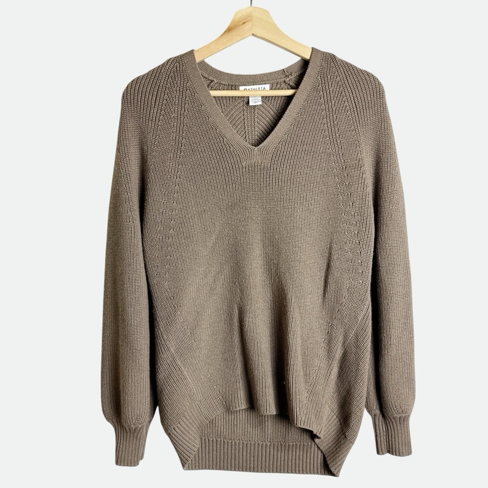 Athleta En Route Hanover Sweater Pyrite Brown XS Merino Wool Blend VNeck